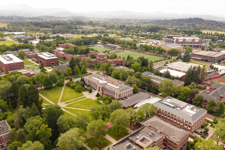 aerial of 科瓦利斯 campus that features brick buildings and a central lawn quad